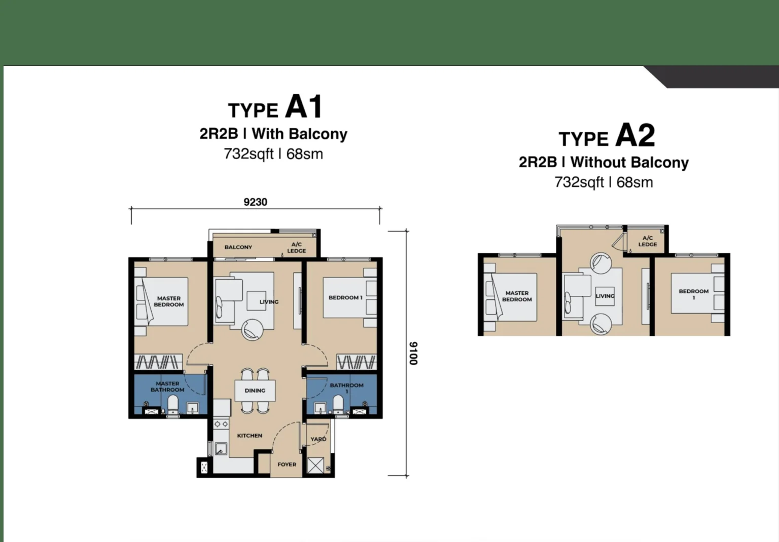 The Lighthauz Type A floor plan, 2 bedroom 732 sqft