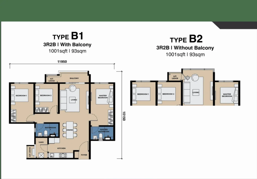The Lighthauz Type B floor plan, 3 bedroom 1001 sqft